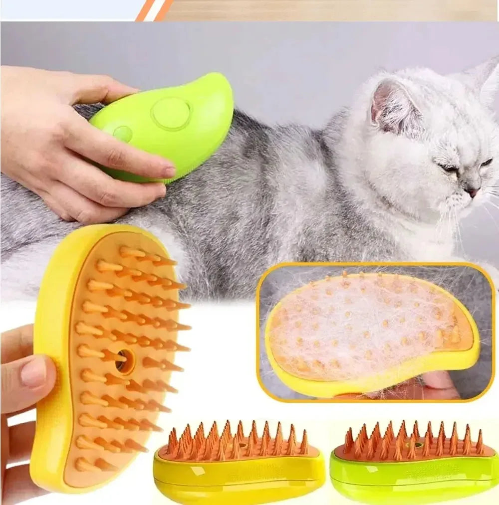 Escova a Vapor Elétrica para Gato e Cachorro, Ferramenta de Higiene para Animais com Spray, Massageador 3 em 1, Escova e Pente para Remoção de Pelos.